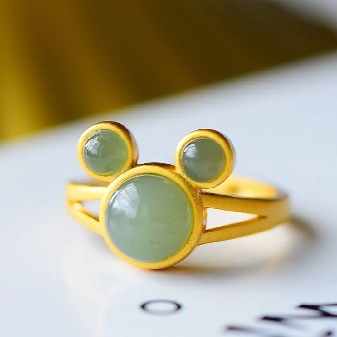 

Natural Hetian jade mouse mouth adjustable ring Chinese style retro double creative elegant women's silver jewelry