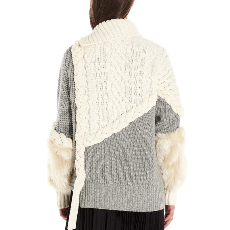 DEAT Gray Lapel Stitching Fur Long-sleeved Thick Wool Hit Color Woman Sweater Coat Casual Fashion Autumn Winter New TD065