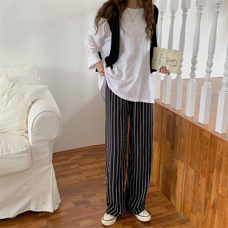 

HziriP Minimalist Wide Leg Pants Women Bottoms New Autumn Spring Stylish Office Lady High Waist Straight Striped Pants Female