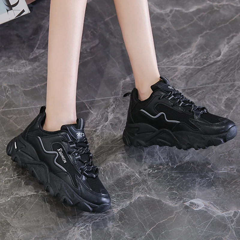 

Women's Vulcanized Shoes Lace Up Thick Bottom Solid Female Sneakers Shallow Leisure Non Slip Ladies Platform Shoe New Fashion