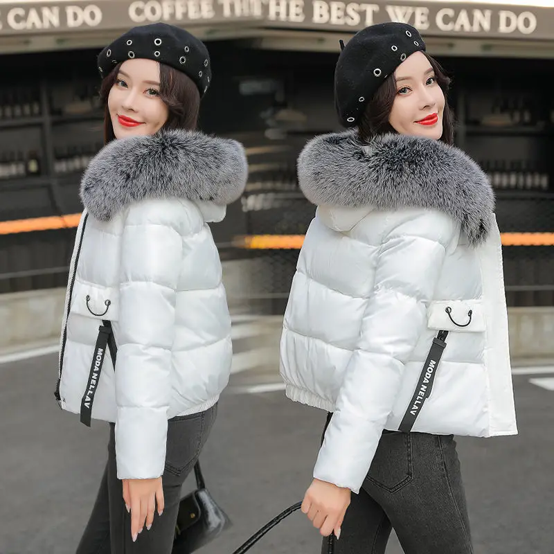 

Winter Jacket Short Women Parkas Coat 2021 Female Cotton Padded Jacket With Hood Faux Fur Collar Coat Student Warm Basic Tops B