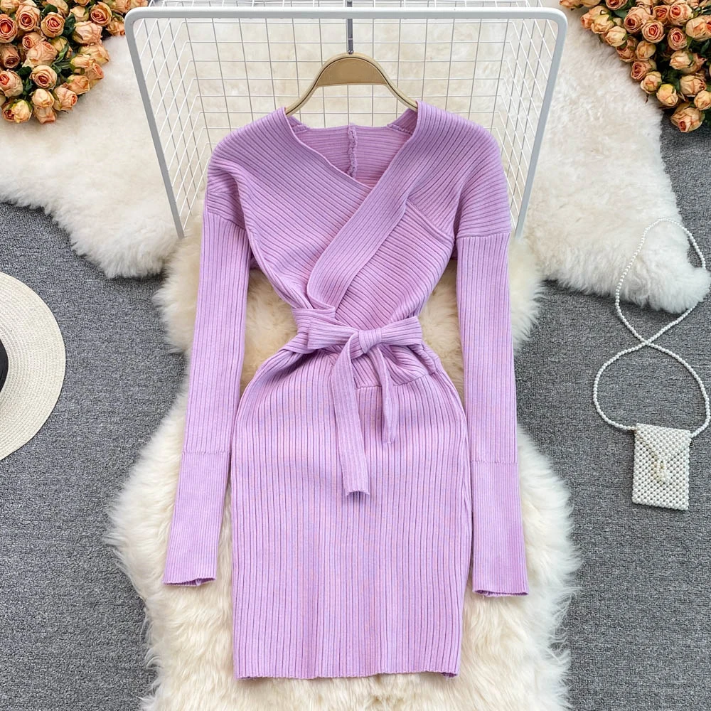 

Женское трикотажное платье-Мини с V-образным вырезом и длинным рукавом