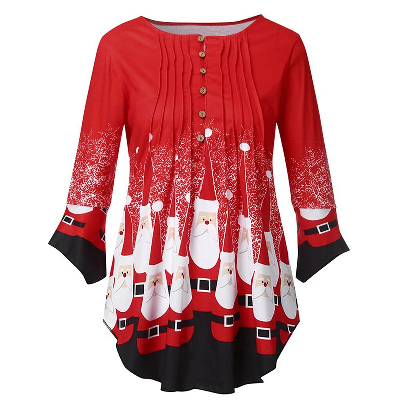 

2020 Christmas Printed Long Shirts Women Autumn Casual Long Sleeve Blouse Ladies Fashion O Neck Button Irregular Tops Pullover
