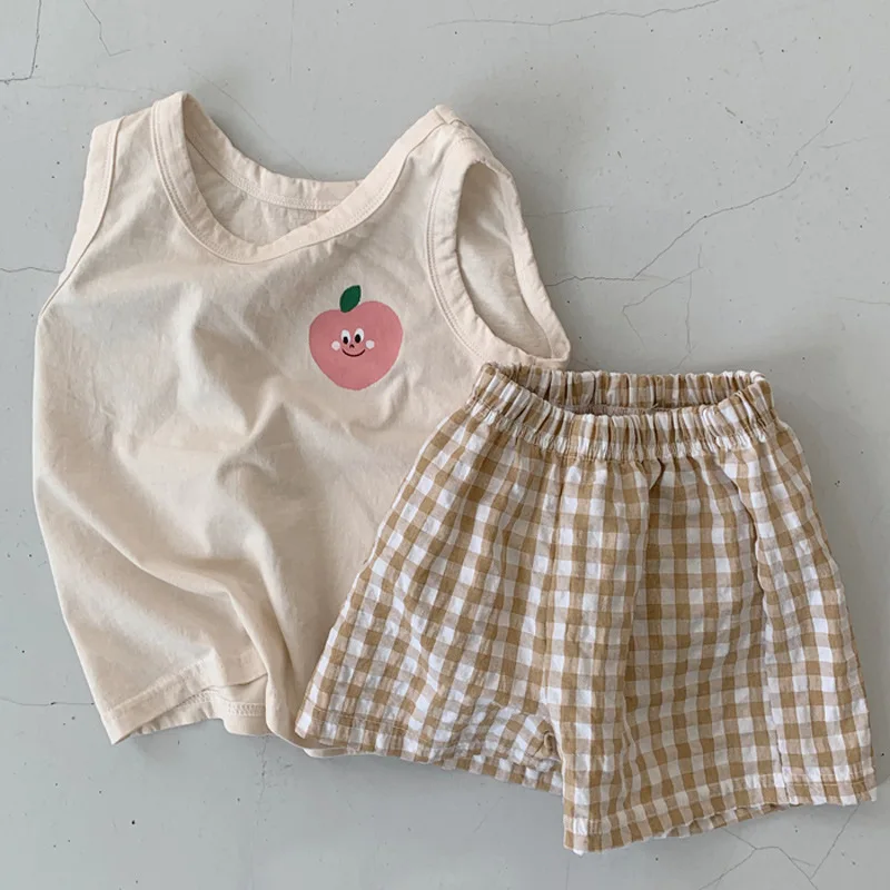 Korean Children's Clothing Set Thin Cotton Sleeveless Suit Baby Lemon Vest Plaid Shorts Two-piece 2020 Summer | Детская одежда и