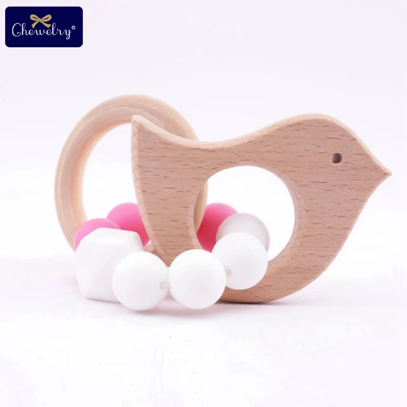 Silicone bird 1 шт., детский браслет Teethe Woden, Ювелирное Украшение из бука, деревянное кольцо, персонализированные детские силиконовые бусины, детская коляска-погремушка, Товары для детей - Цвет: Silicone bird