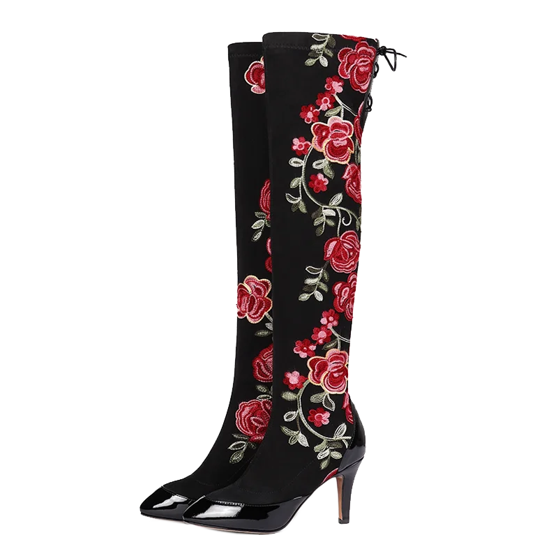 

Embroider Boots for Women Genuine Leather Over The Knee High Boots Autumn Winter Vintage High Heels Party Shoes Woman