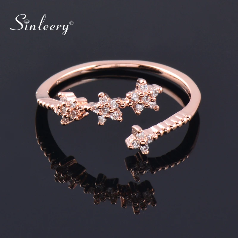 

SINLEERY Trendy Tiny Crystal Flower Stars Snowflake Adjustable Open Rings Rose Gold Color Women Girls Jewelry JZ185 SSH