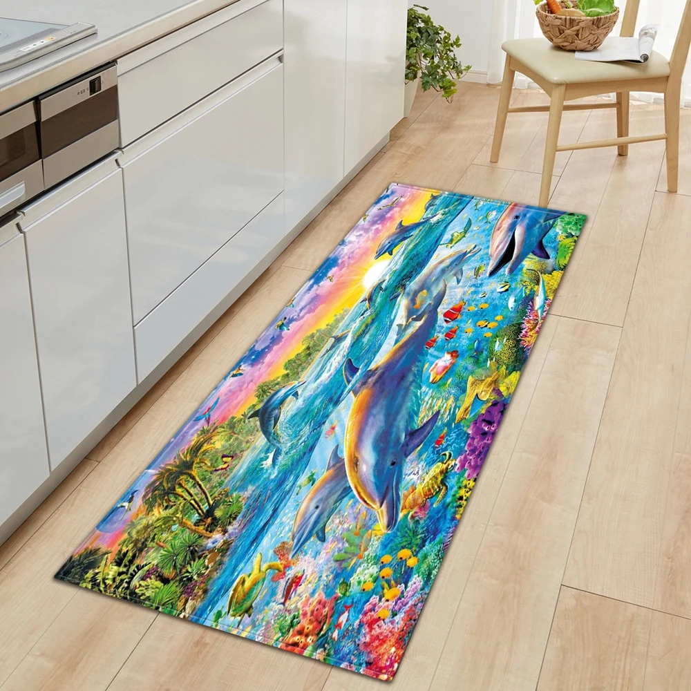 

3D Underwater World Kitchen Mat Entrance Doormat Bedroom Floor Decoration Living Room Carpet Bathroom Non-Slip Rug Long Strip