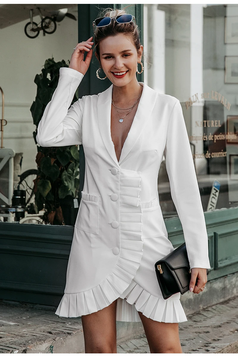 Simplee Sexy v-neck women blazer dress Elegant signal breasted frill white office dress Party style ladies pockets mini dresses