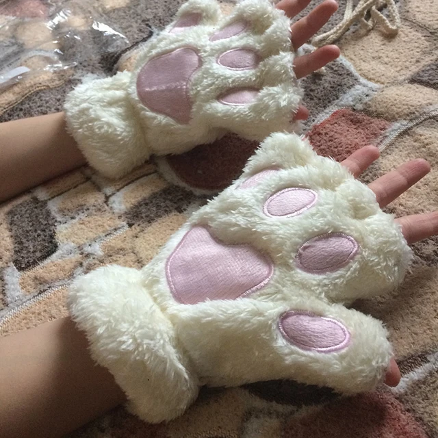 New Winter Gloves Women Bear Plush Cat Paw Claw Gloves Cute Kitten Fingerless Mittens Christmas Halloween for Girls Gift Gloves 6