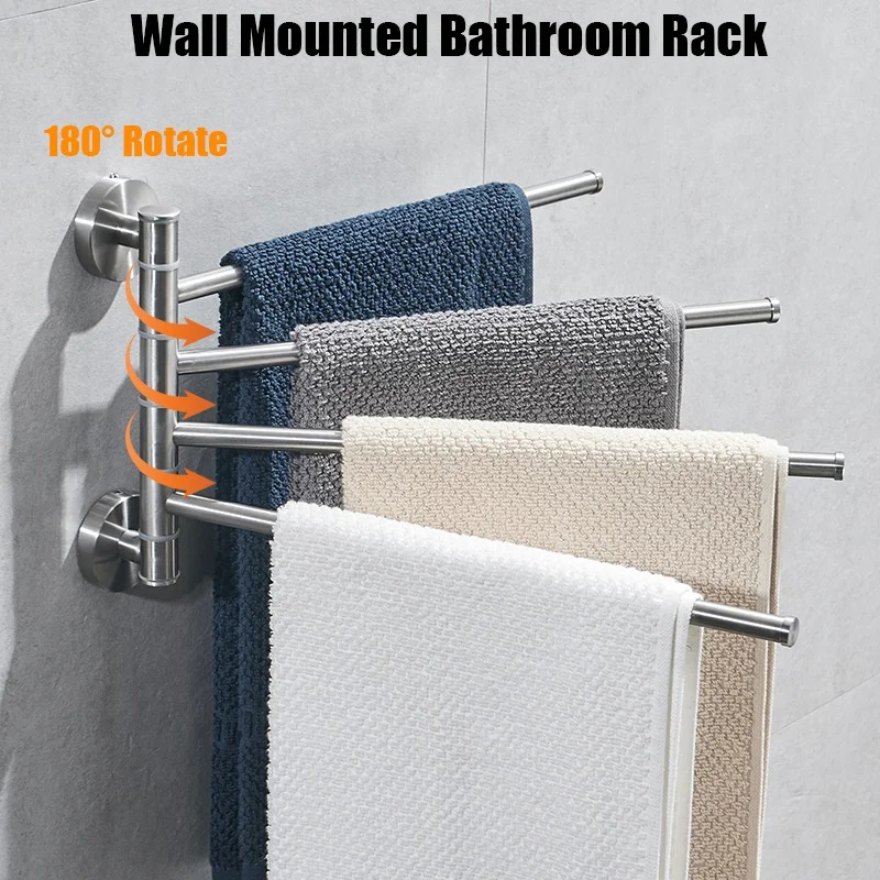

180 Rotation Wall Mounted Bathroom Towel Holder Towel Bars Simple Silver Stainless Steel Metal Towel Hanger 2/3/4-Layer