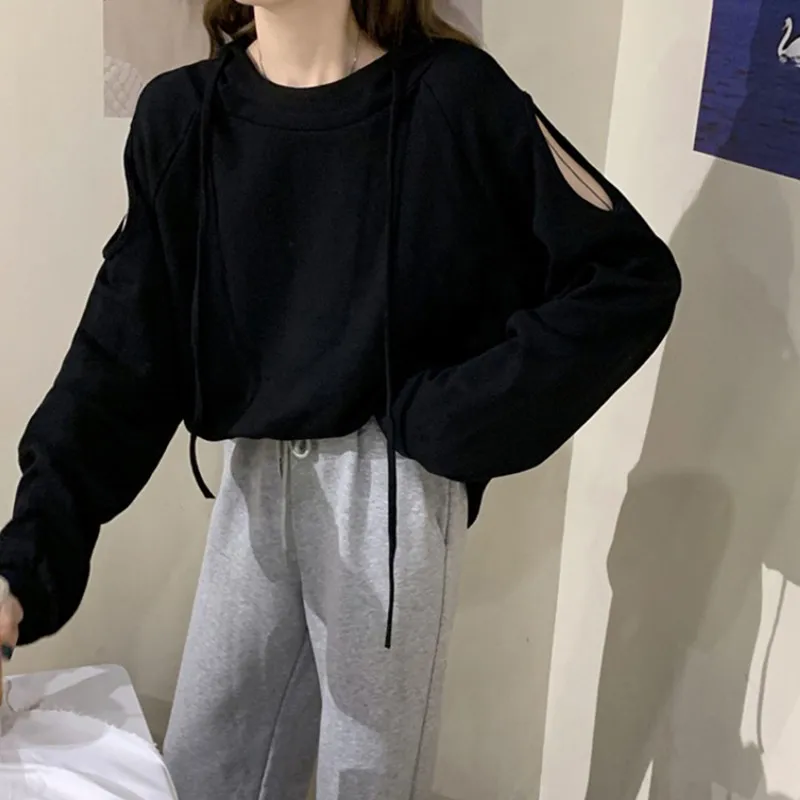 Женский свитер с капюшоном открытыми плечами длинным рукавом осенний Harajuku