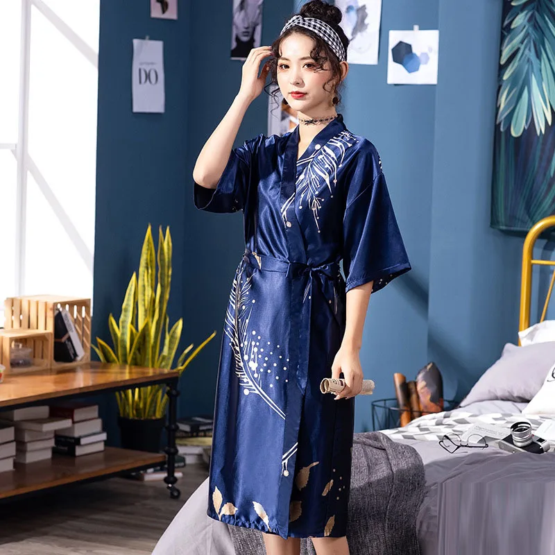 Navy Blue Женское шелковое сексуальное кимоно, Атласный халат до колен, банный халат для невесты размера плюс, Свадебный халат для невесты, свадебная Пижама - Цвет: Navy Blue