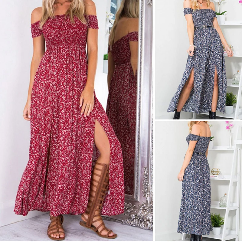 

Sexy Strapless Beach Summer Dress Sundresses Vintage Bohemian Maxi Dress Robe Femme Boho Floral Women Split Long Dresses Vestido