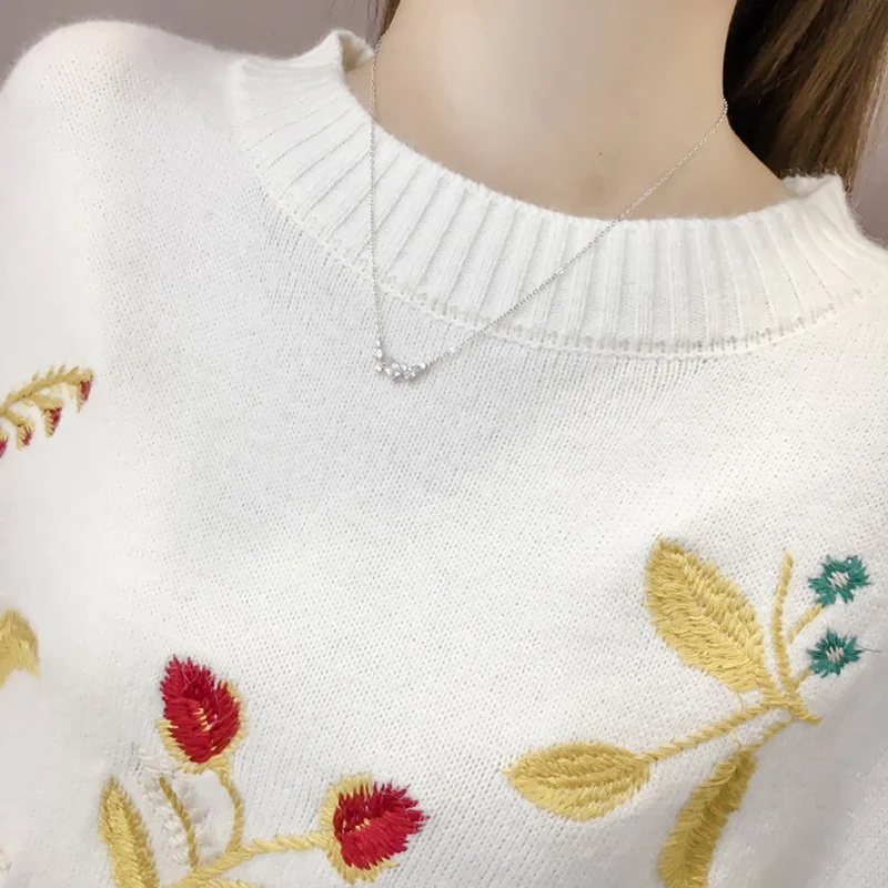 Женский вязаный свитер Shein модный милый пуловер с круглым вырезом и вышивкой в