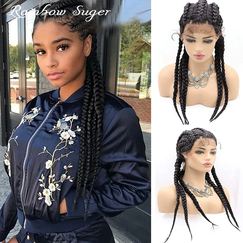 Synthetic Braided Wigs Black Blonde Brown Long Box Black Braid Hair Wig Glueless Braided Wigs  Lace Front Wig For Black Women