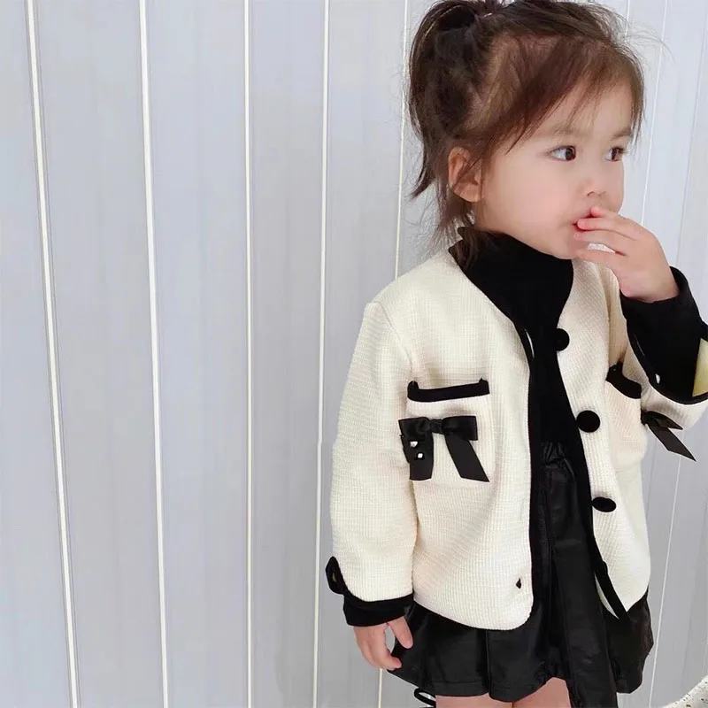 

Осенняя одежда для маленьких девочек, новинка 2021, Модный стильный кардиган принцессы с бантом для девочек, детская зимняя одежда, милая тепл...