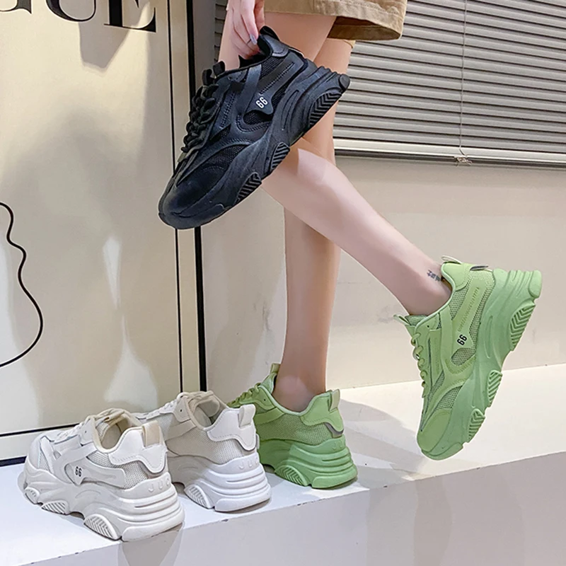 

Rimocy New Breathable Mesh Platform Women Sneakers Autumn Thick Sole Lace Up Vulcanize Shoes Woman Fashion Green Chunky Sneakers