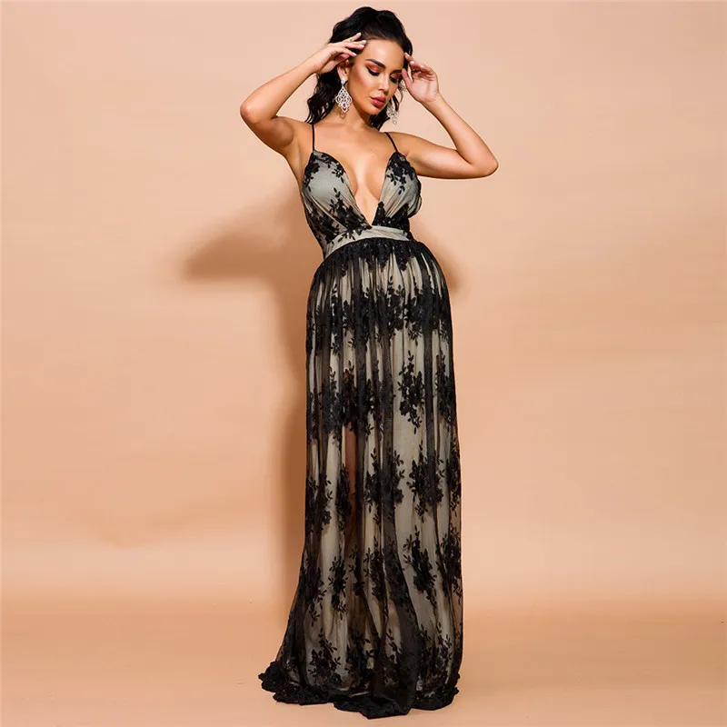

Red Black White Long Dress Sleeveless Spaghetti Backless Elegant Lace Robe Bohemian Women Party Summer Lace Dress