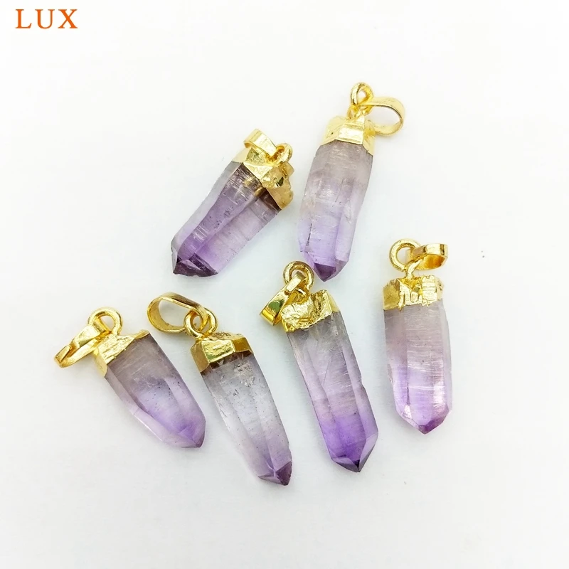 

natural Amethysts Pendant Hexagon prism Purple gems Stone charm Crystal pillar with gold color plated top for necklace