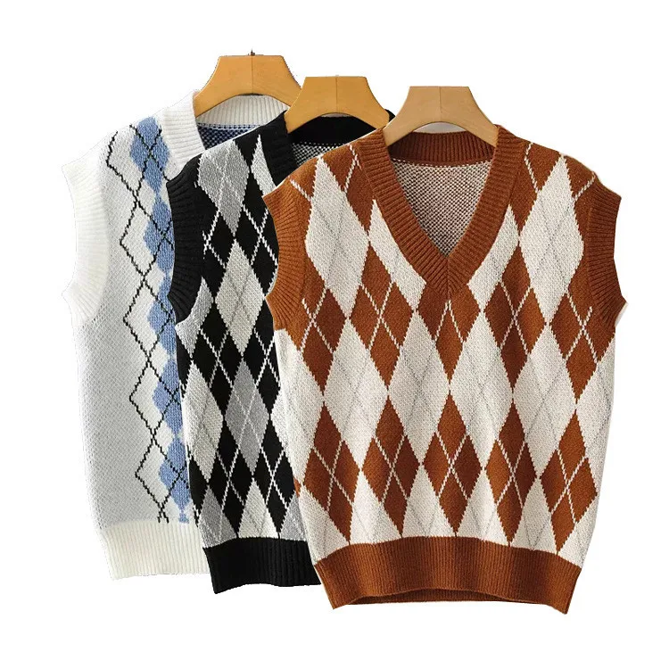 

Autumn Winter New Korean Style Fresh Sweet College Style Color-Contrast Check Vest Elegant V-neck Sleeveless Knitted Top Women