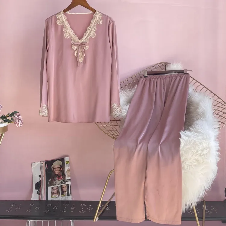 

Women Pink Pajamas Set Sleepwear Loose Faux Silk Satin Bathrobe Pyjama Pour Femme Lace Trim Long Sleeve Elastic Waist Home Wear