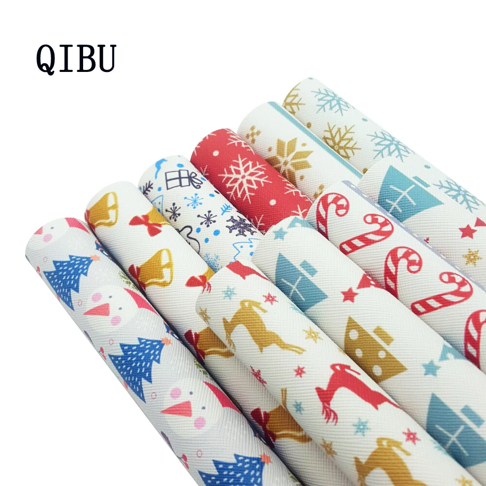QIBU 1pcs Christmas Faux Leather Sheets Vinyl Fabric Cartoon Elks Printed Leather Bow Fabric DIY Bags Material Synthetic Leather