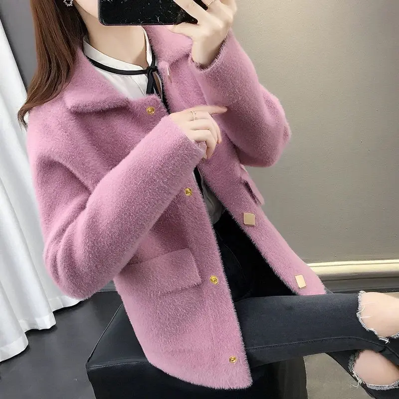 

2021 Women Autumn Winter New Faux Mink Velvet Coat Lady Warm Short Knitting Cardigan Female Casual Loose Plus Size Outwear C121