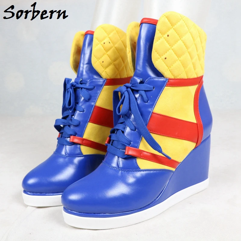 

Sorbern High Heel Wedge Ankle Boots Lace-Up Size 43 Round Toe Winter Shoes Women Patchwork Plush Inner Ladies Boots Short
