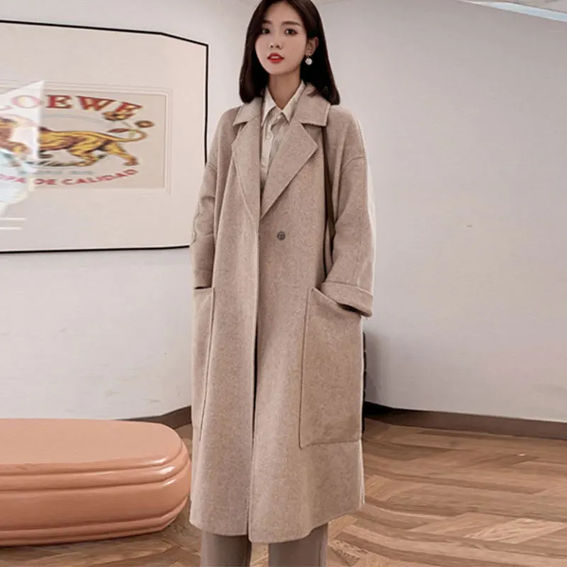 Женское зимнее шерстяное пальто, элегантное женское однотонное пальто с длинным рукавом, качественная модная плотная теплая длинная куртк...