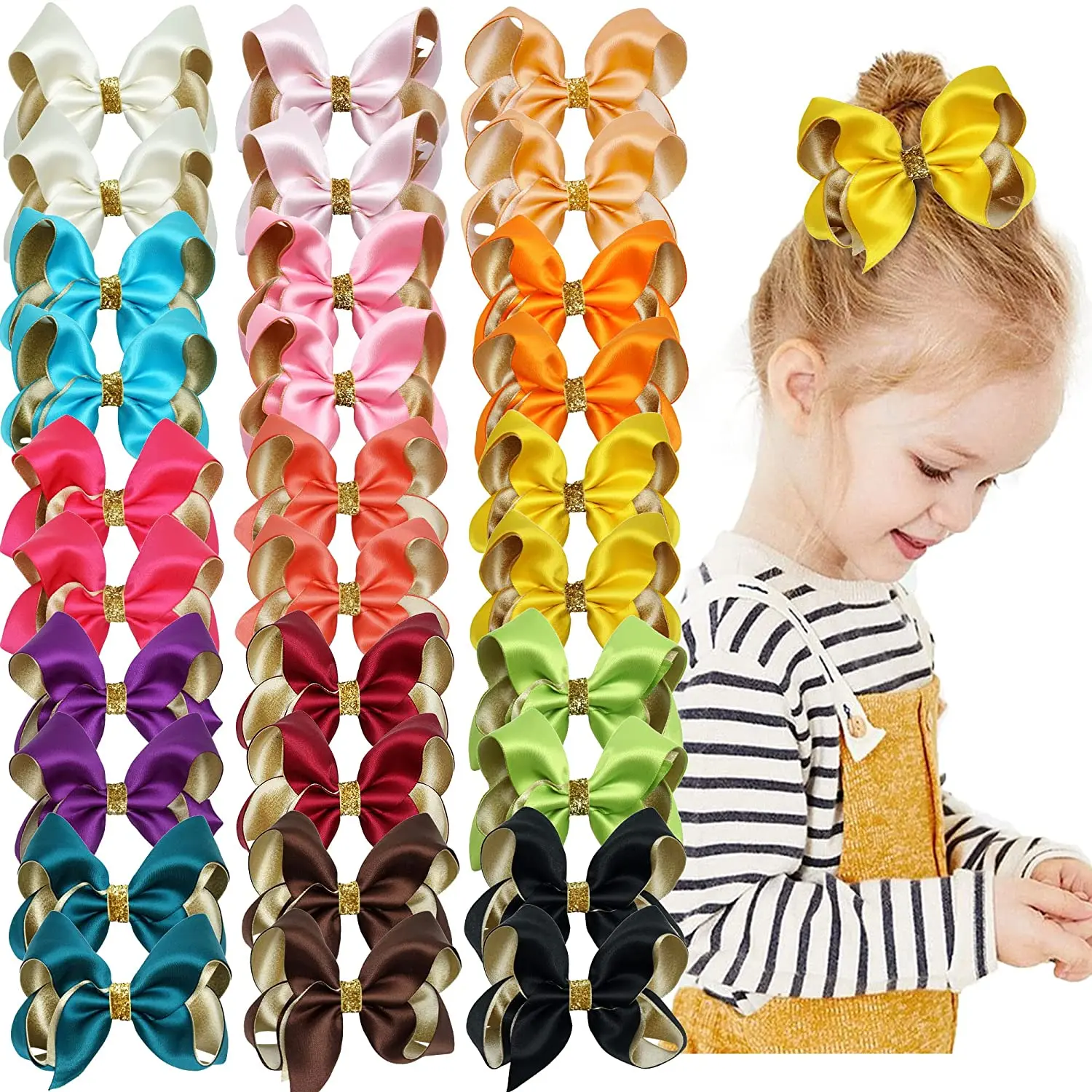 20 Pcs 4 Inch Hair Bows Clips Boutique Double Layer Grosgrain Ribbon Hair Bows for Newborn Infant Toddler Kid (20 Color)
