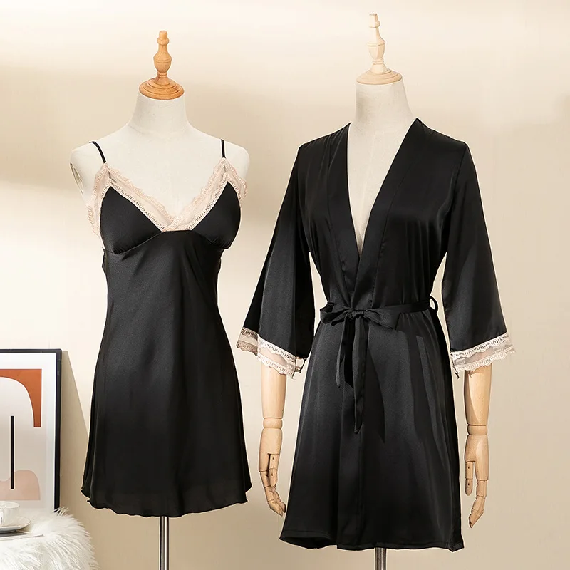

Satin Women Sexy Robe Sets Silky 2 Piece Sleepwear Kimono Bathrobe Gown Lace Intimate Lingerie Spring Summer New Nightdress