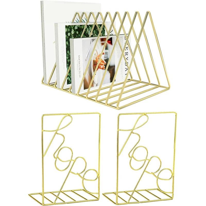 

AU42 -Gold File Organizer + Gold Decorative Bookends, Books Support Decorative Metal Book Ends for Shelves