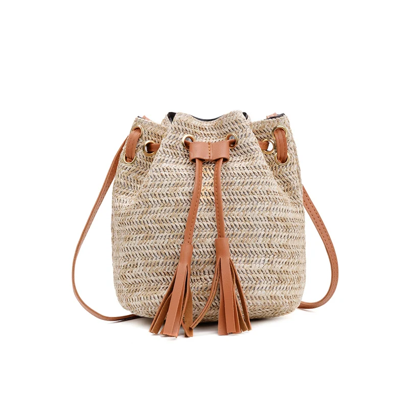 Женская пляжная Соломенная Сумка-ведро на шнурке популярная женская сумка для