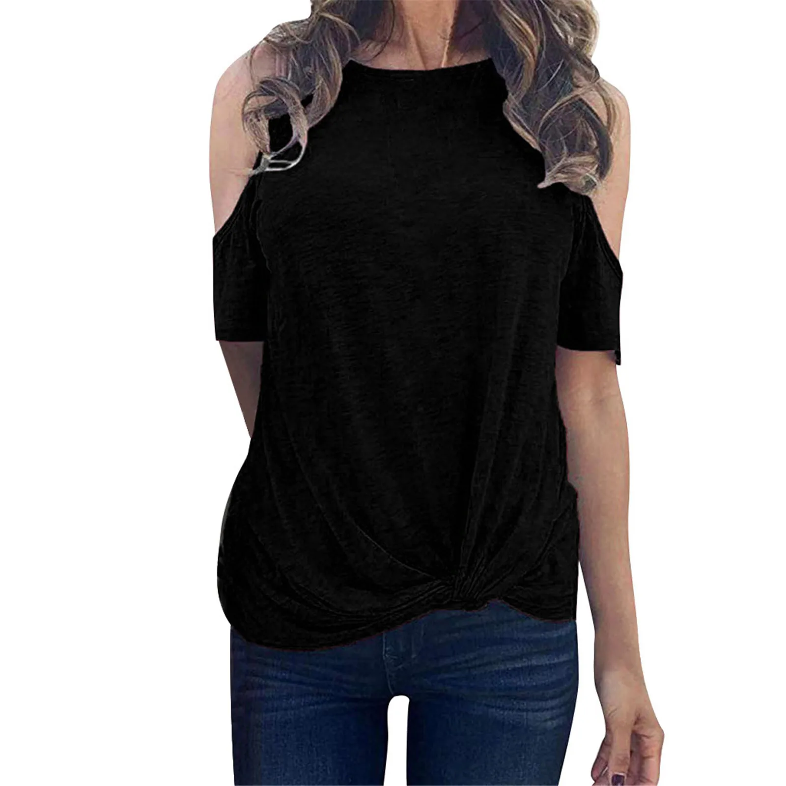 Women Cold Shoulder Shirt Short Sleeve Round Neck T-shirt Blouse Casual Tops Sweetshirt Elegant temperament 2021 new топ