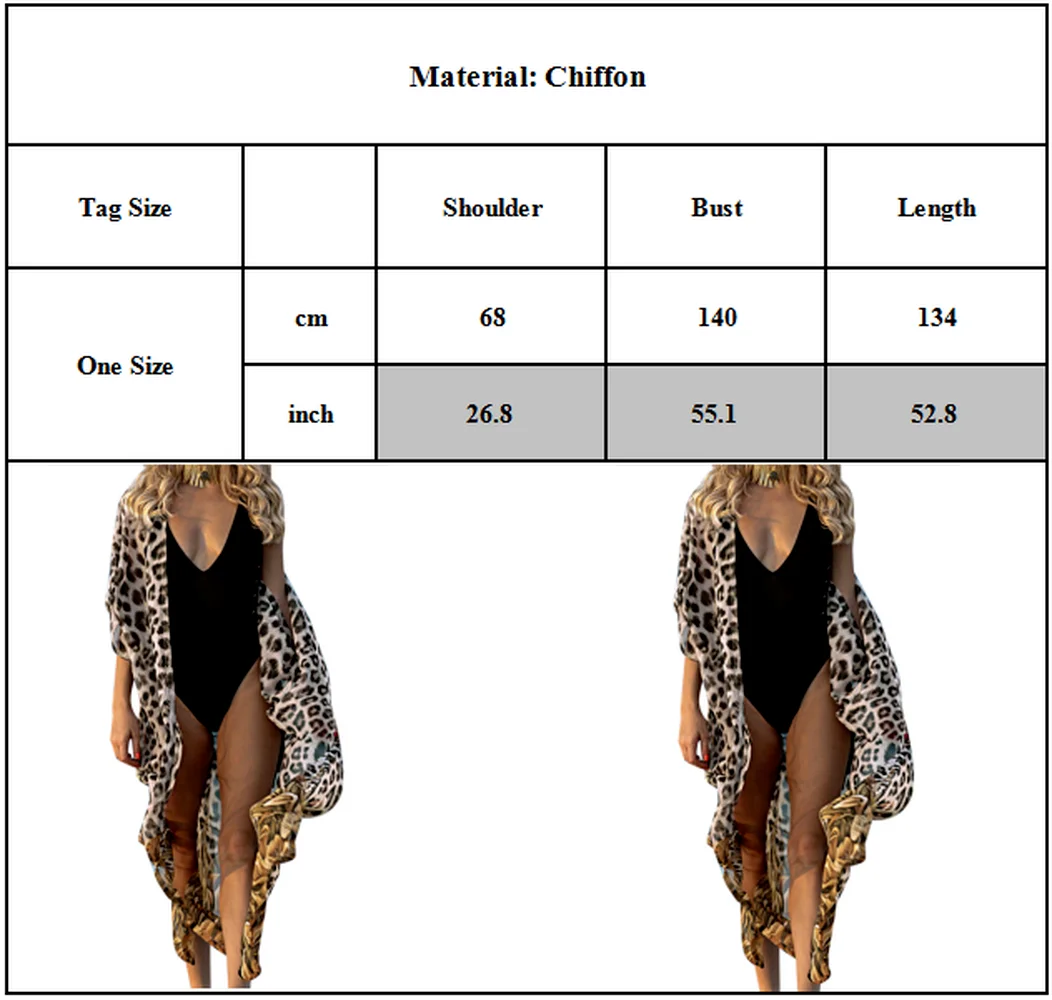 

Women Leopard Printed Long Cardigan Beach Dress Cardigan Beachwear Bikini Cover Up Half Sleeve Swimwear
