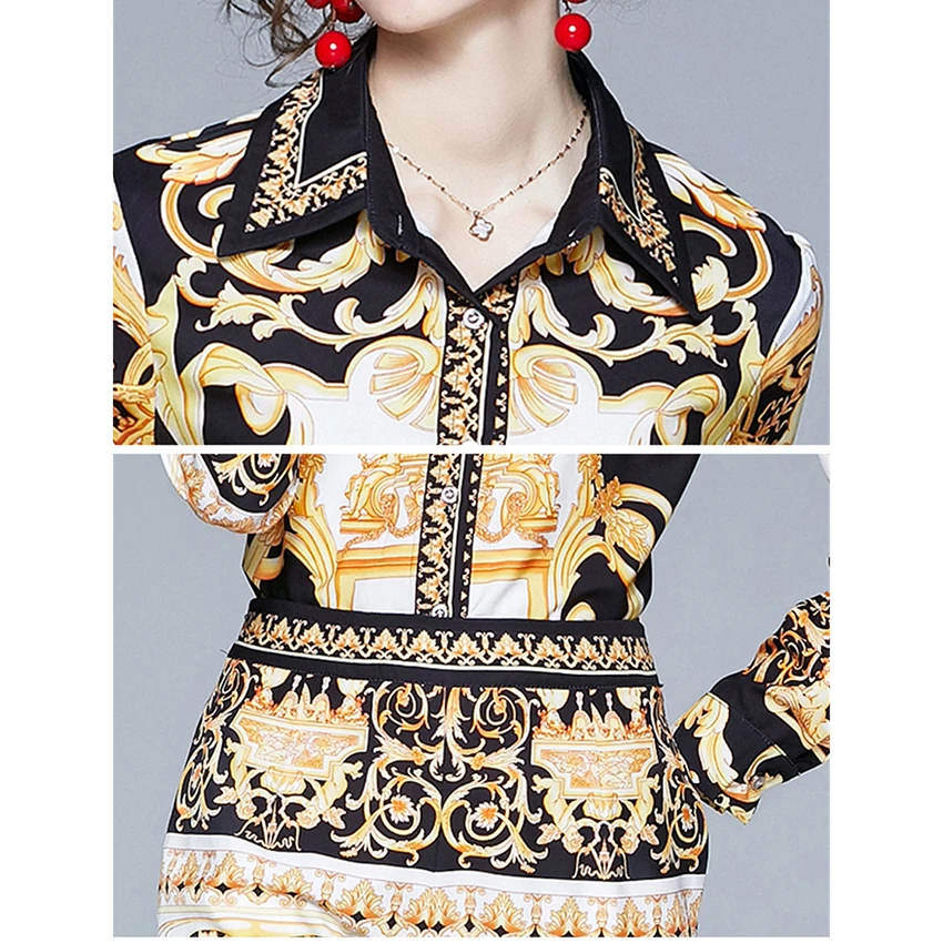 

2021 Spring Vintage 2 Piece Set Women Designer Runway Two Piece Pants Sets Long Sleeve Print Shirt Tops +Full Length Pants