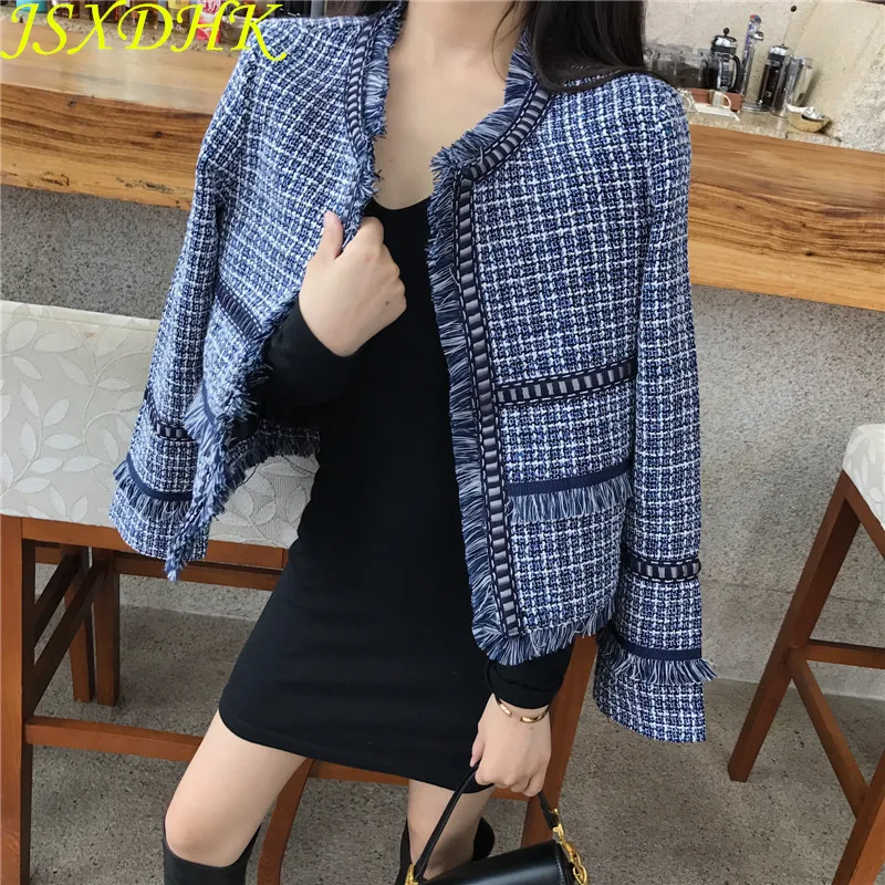 

JSXDHK New Fashion Women Tassel Tweed Jacket Coat Autumn Winter Long Sleeve Weave Plaid Female Open Stitch Elegant Outerwear