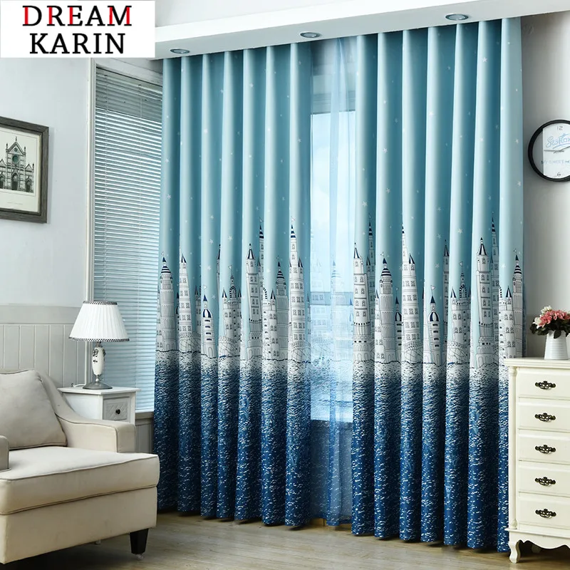 Затемняющие Мультяшные занавески в виде замка с голубым принтом для детской
