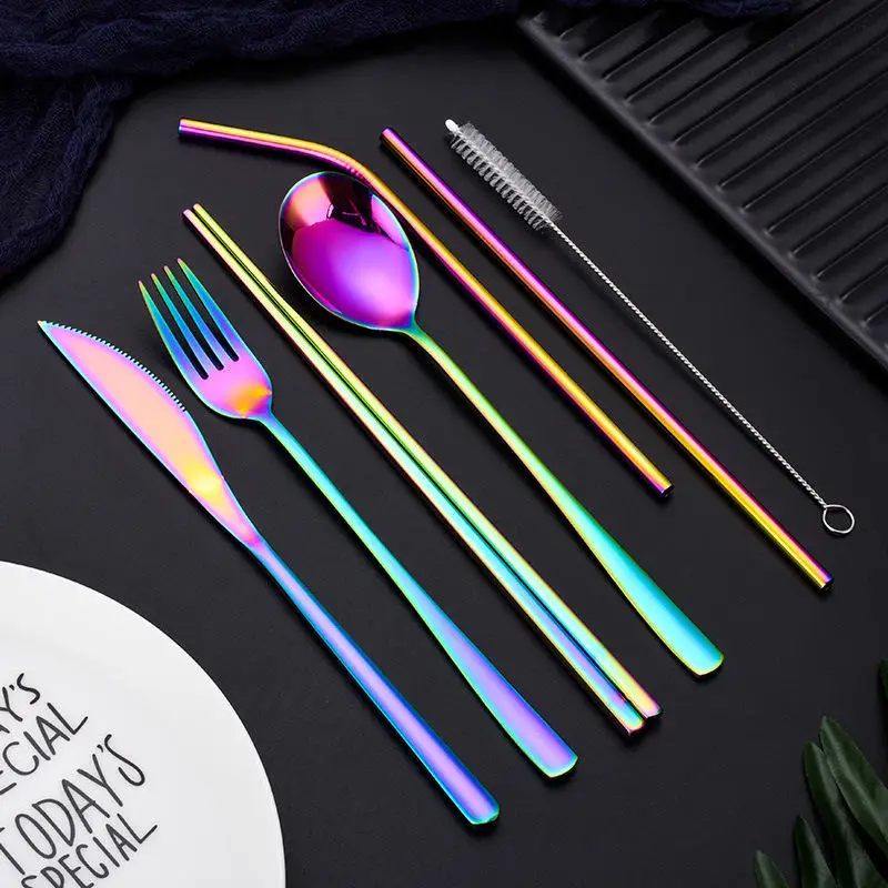 7-piece Color Set Портативные многоразовые столовые приборы для путешествий, набор из нержавеющей стали 304, вилка, ложка, палочки для еды, набор соломенных кистей, радужные столовые приборы с мешочком - Цвет: 7-piece Color Set