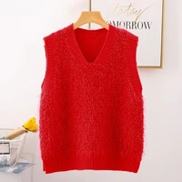 red ru korean spring fall fur furry plush v neck knit sleeveless sweater vest loose coat outcoat lady top cloth for women girl