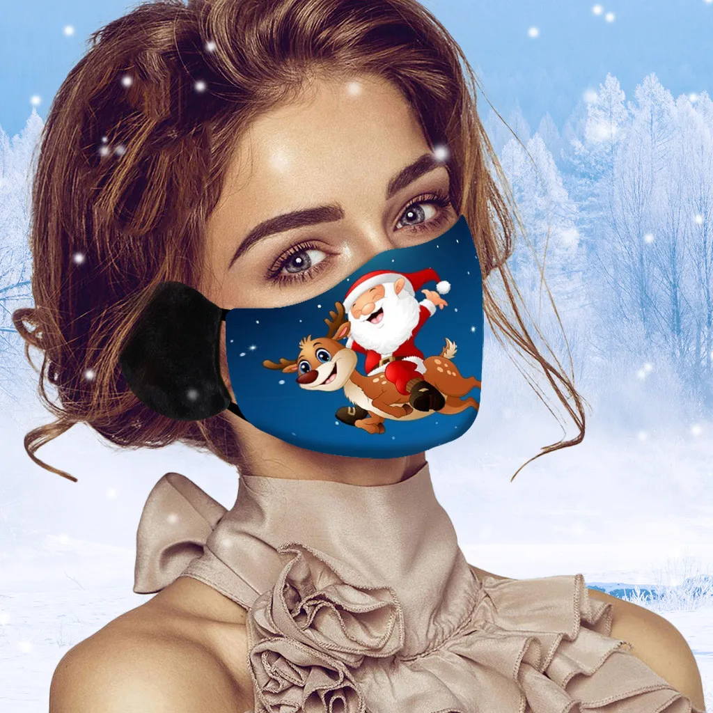 

Christmas Cute Santa Snowman Pattern Printed Mask Adults Winter Warm Reusable Cotton Face Mask With Woollen Plush Earmuffs 1PC