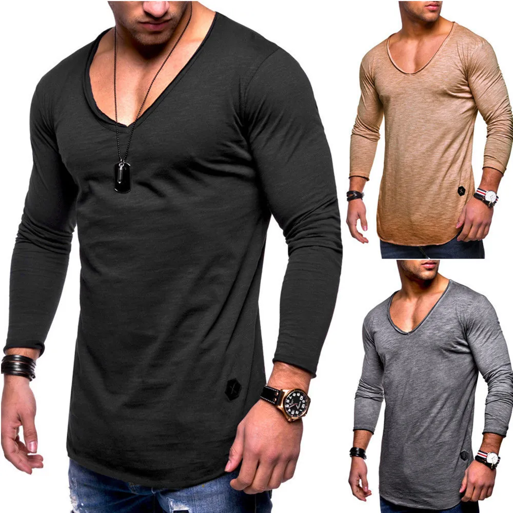 

Spring/Summer 2021 New men's cotton bottoming shirt V-neck solid color casual men's fashion long-sleeved T-shirt