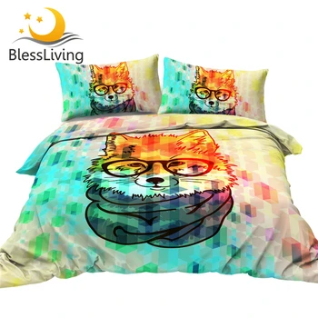 BlessLiving Hipster Fox Bedding Set Geometric Fashion Duvet Cover Set Wildlife 3-Piece Bed Cover Colorful Animal Bedspreads King 1