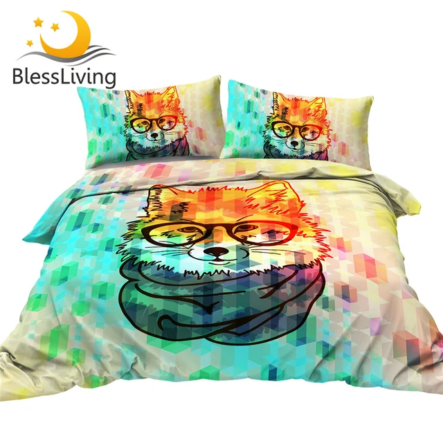 BlessLiving Hipster Fox Bedding Set Geometric Fashion Duvet Cover Set Wildlife 3-Piece Bed Cover Colorful Animal Bedspreads King 1