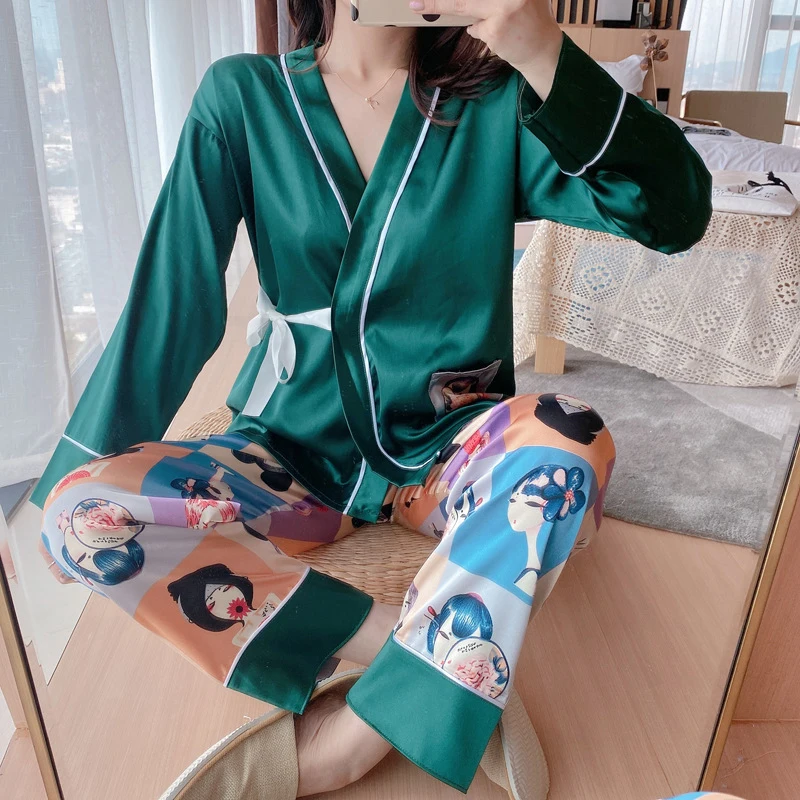 

ChunShang Japanese Kimono Lace Pajamas Female Cartoon V-Neck Loose Home Service Spring Ice Silk Long Sleeves