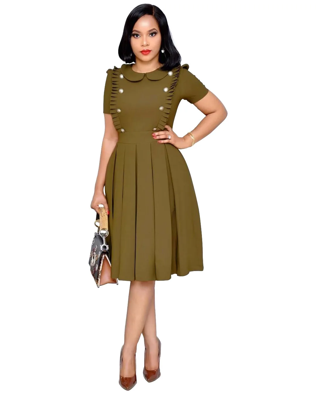 

Office Lady Ol Women Ruffle Peter Pan Collar Button Pleated Short Sleeve Dress Spring 2021 New