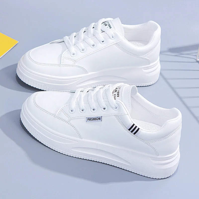 

Girl White Shoes Women's 2021 Popular Summer New Thick Soled Casual Shoes Muffin Sports Versatile Sneakers Leather Lace Up 3.5cm