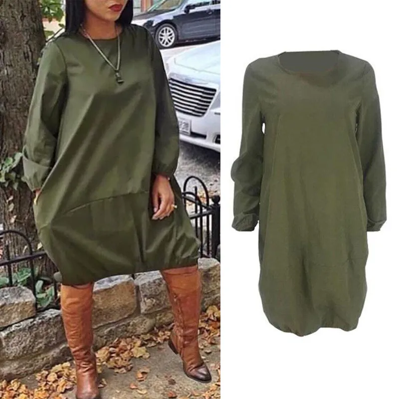 Elegant Women Autumn Loose Style Knee Length Dress Solid Color Party Fashion Streetwear Casual Sundress | Женская одежда
