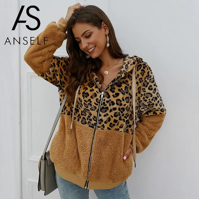 Женское пальто с капюшоном ANSELF теплая флисовая куртка леопардовым принтом на